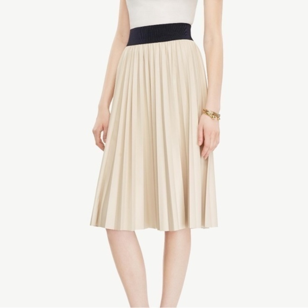 Ann Taylor faux leather pleated skirt cream navy 10P